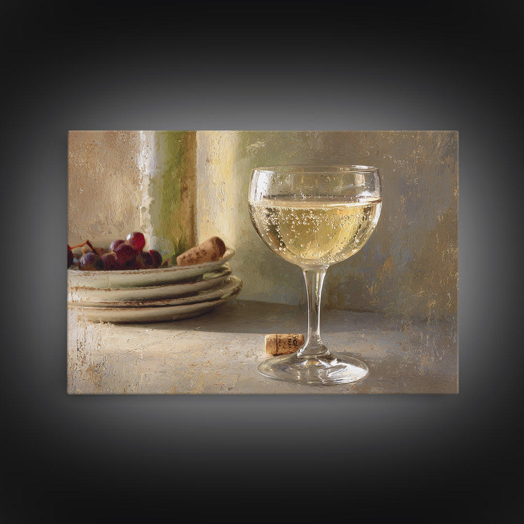 Champagne Coupe with Bubbles and Light Framed Canvas Print, Winery Art, Wall Hanging, Winery Decor, Fine Art, Vineyard, WIN-3x2-95