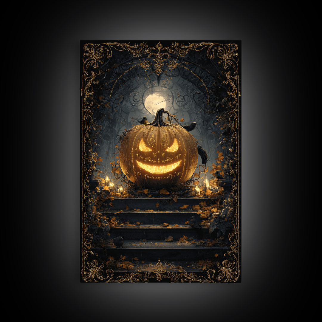 The Gold-Crowned Pumpkin Oracle - Icon Portrait, Occult Wall Decor, Vertical Wall Art, Canvas Print, Halloween Home Decor, Gothic Wall Art