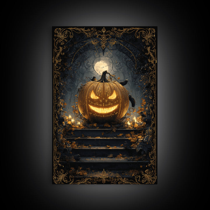 The Gold-Crowned Pumpkin Oracle - Icon Portrait, Occult Wall Decor, Vertical Wall Art, Canvas Print, Halloween Home Decor, Gothic Wall Art