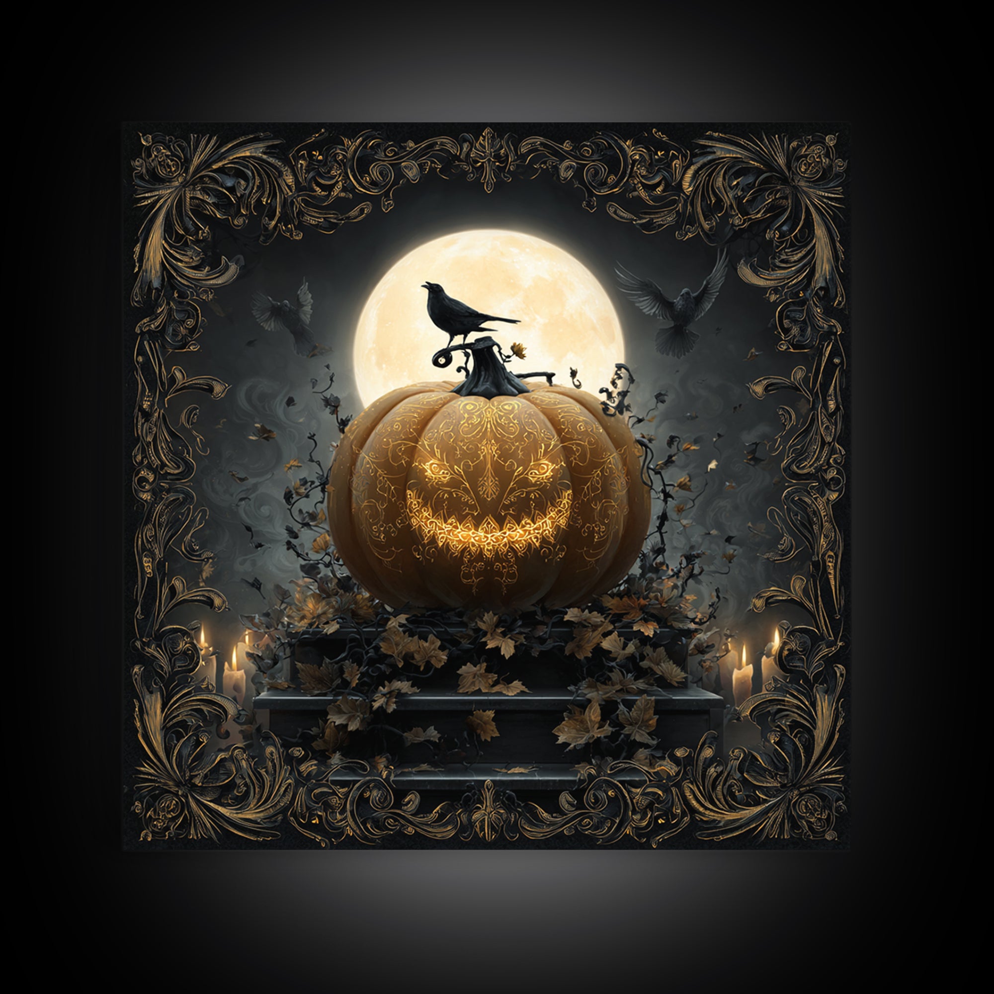 The Gold-Crowned Pumpkin Oracle - Icon Portrait, Spooky Wall Decor, Square Wall Art, Framed Canvas Print, Halloween Home Decor