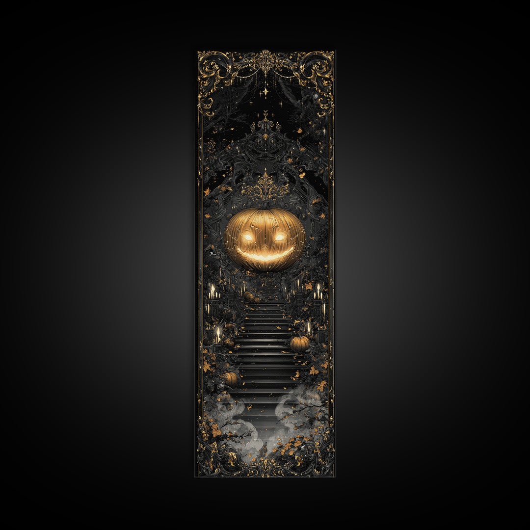 The Gold-Crowned Pumpkin Oracle - Icon Portrait, Spooky Wall Decor, Tall Narrow Wall Art, Framed Canvas Print, Halloween Home Decor