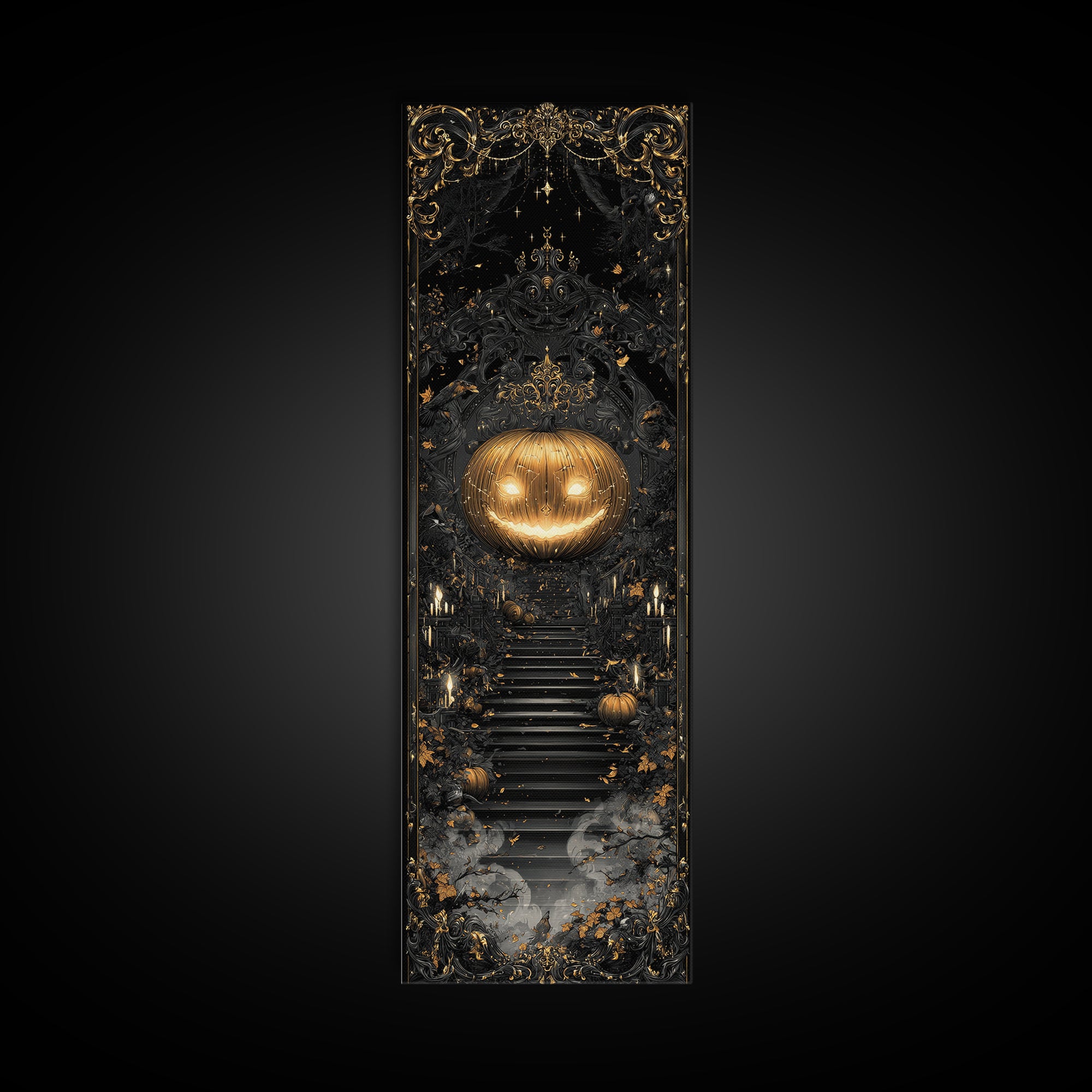 The Gold-Crowned Pumpkin Oracle - Icon Portrait, Spooky Wall Decor, Tall Narrow Wall Art, Framed Canvas Print, Halloween Home Decor