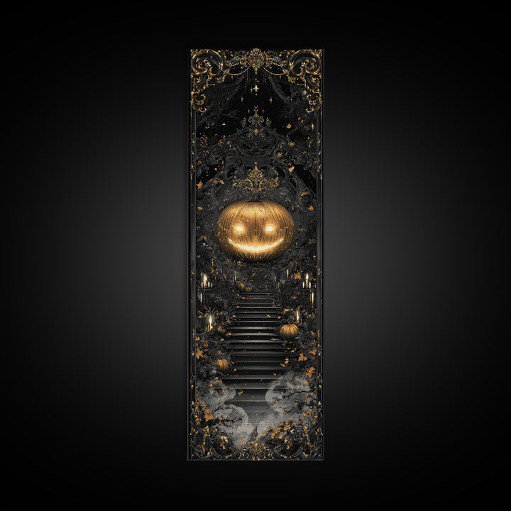 The Gold-Crowned Pumpkin Oracle - Icon Portrait, Spooky Wall Decor, Tall Narrow Wall Art, Framed Canvas Print, Halloween Home Decor