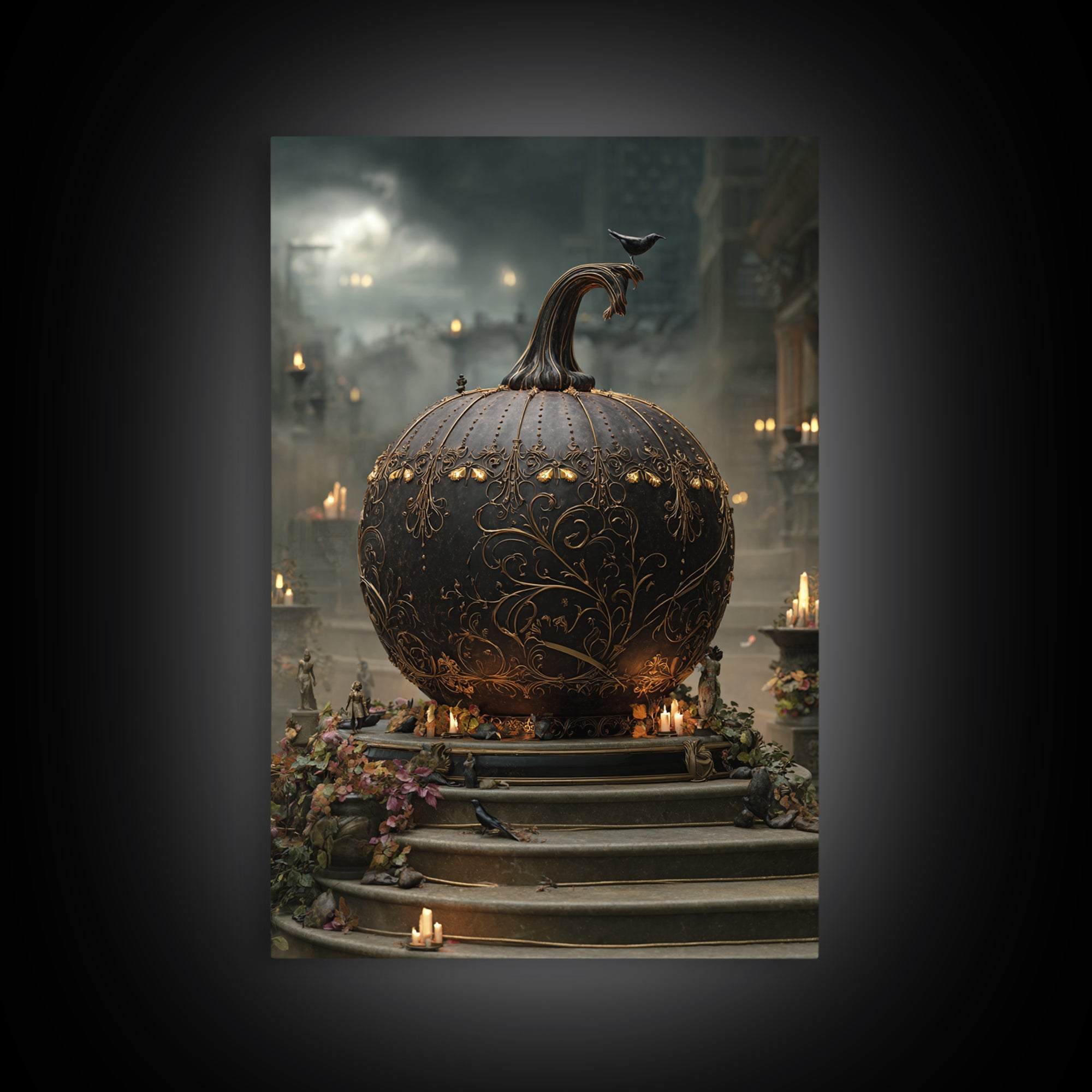 The Gold-Crowned Pumpkin Oracle - Environmental Panorama, Macabre Halloween Art, Vertical Wall Art, Framed Canvas Print, Gothic Wall Art