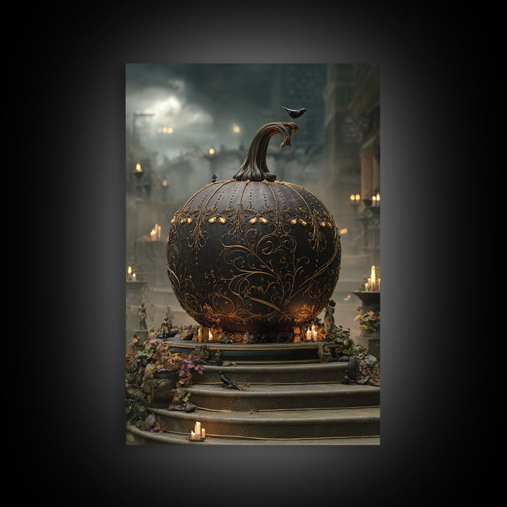 The Gold-Crowned Pumpkin Oracle - Environmental Panorama, Macabre Halloween Art, Vertical Wall Art, Framed Canvas Print, Gothic Wall Art