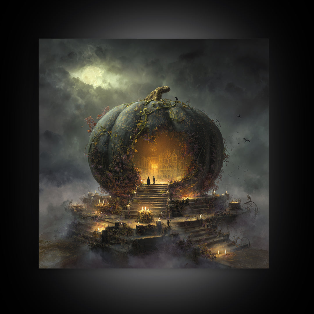 The Gold-Crowned Pumpkin Oracle - Environmental Panorama, Halloween Wall Art, Square Wall Art, Framed Canvas Print, Halloween Home Decor
