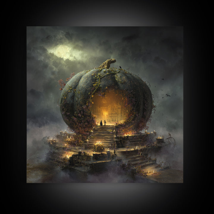 The Gold-Crowned Pumpkin Oracle - Environmental Panorama, Halloween Wall Art, Square Wall Art, Framed Canvas Print, Halloween Home Decor