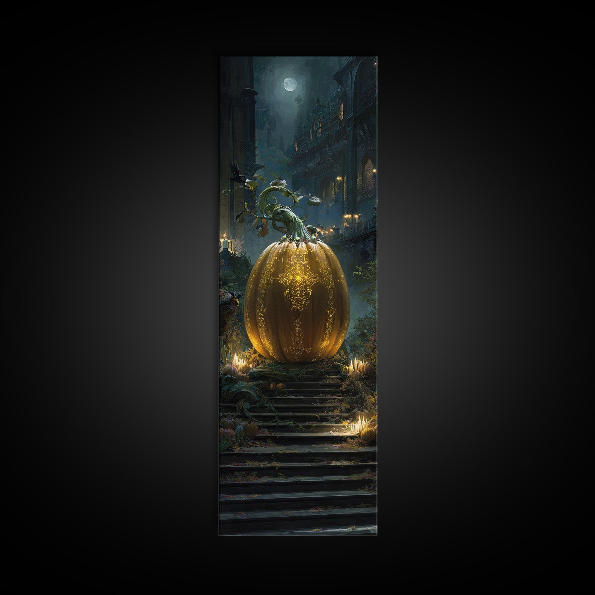 The Gold-Crowned Pumpkin Oracle - Environmental Panorama, Dark Fantasy Wall Art, Tall Narrow Wall Art, Canvas Print, Halloween Home Decor