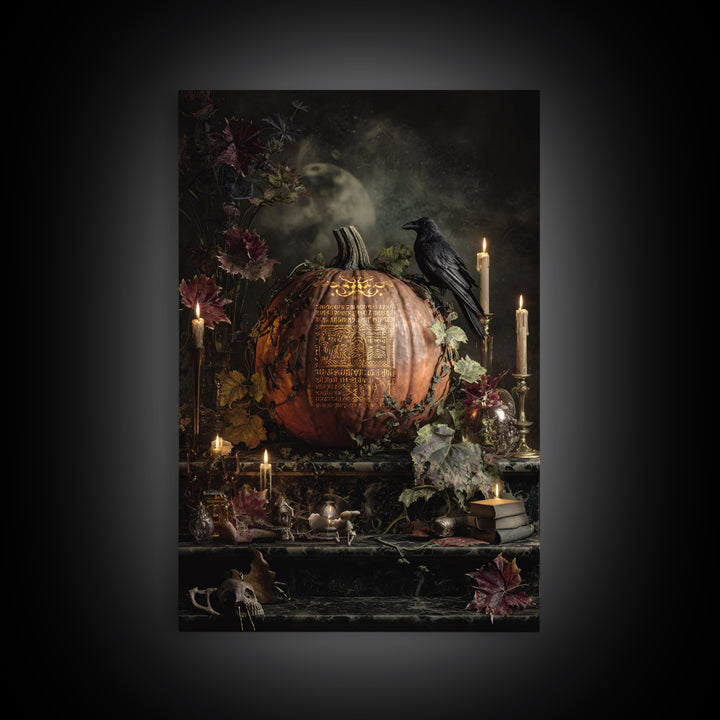 The Gold-Crowned Pumpkin Oracle - Occult Still Life, Macabre Halloween Art, Vertical Wall Art, Framed Canvas Print, Halloween Home Decor