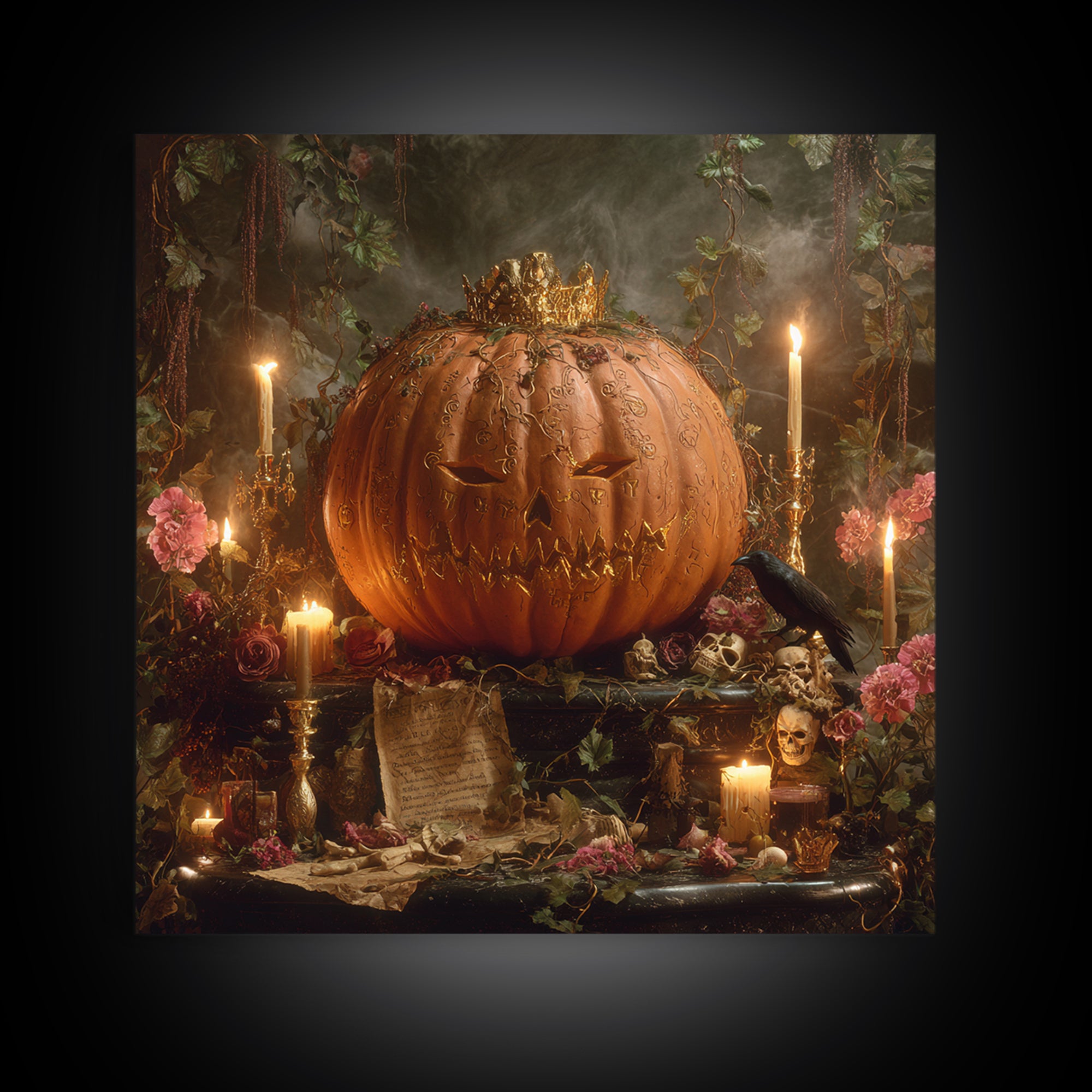 The Gold-Crowned Pumpkin Oracle - Occult Still Life, Gothic Home Decor, Square Wall Art, Canvas Print, Halloween Home Decor, Gothic Wall Art