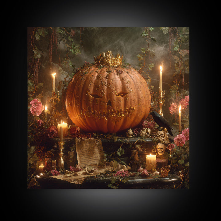 The Gold-Crowned Pumpkin Oracle - Occult Still Life, Gothic Home Decor, Square Wall Art, Canvas Print, Halloween Home Decor, Gothic Wall Art