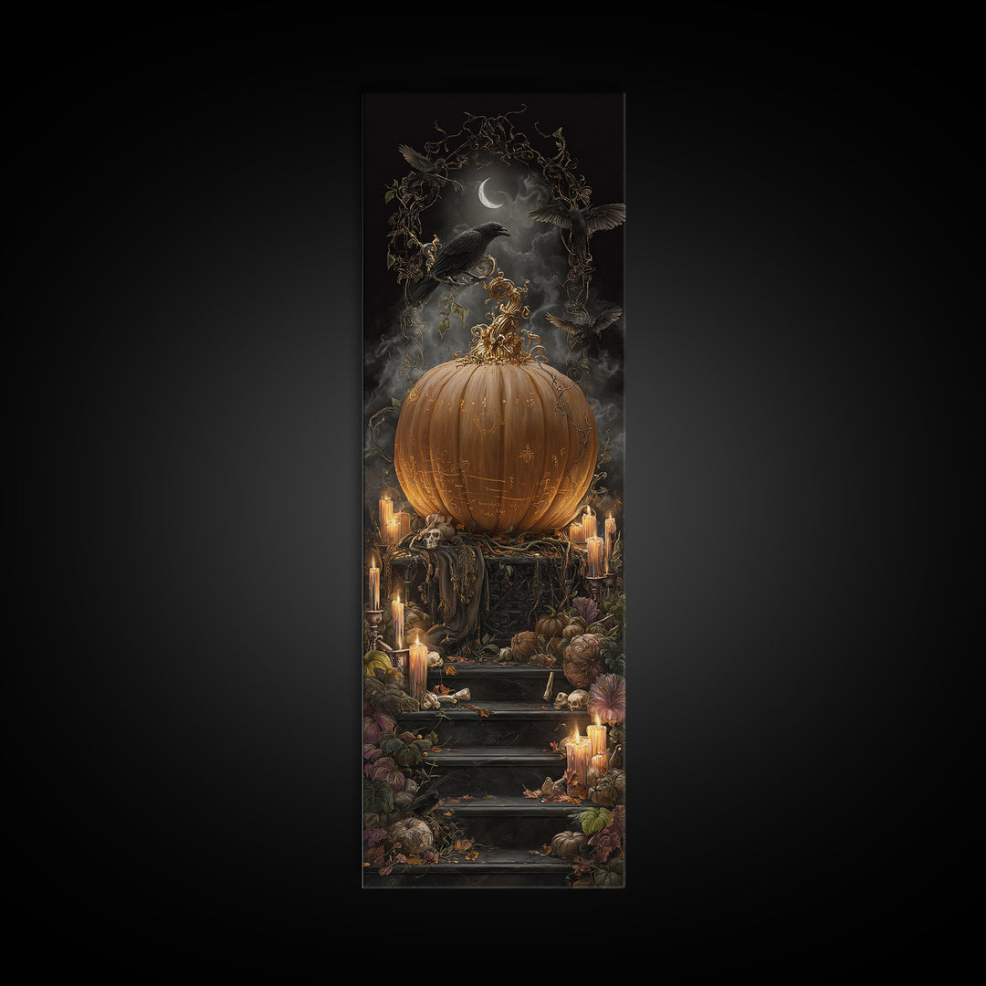 The Gold-Crowned Pumpkin Oracle - Occult Still Life, Halloween Wall Art, Tall Narrow Wall Art, Framed Canvas Print, Halloween Home Decor