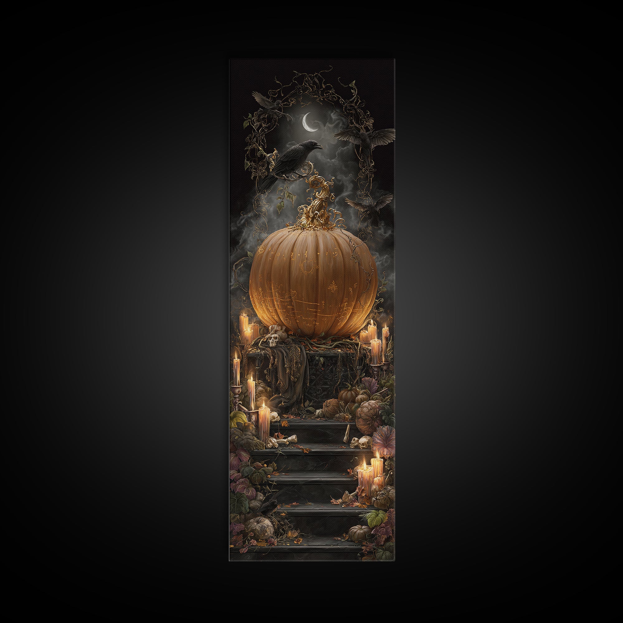 The Gold-Crowned Pumpkin Oracle - Occult Still Life, Halloween Wall Art, Tall Narrow Wall Art, Framed Canvas Print, Halloween Home Decor