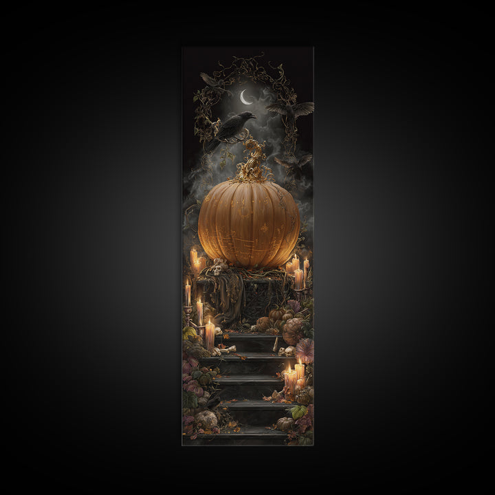 The Gold-Crowned Pumpkin Oracle - Occult Still Life, Halloween Wall Art, Tall Narrow Wall Art, Framed Canvas Print, Halloween Home Decor