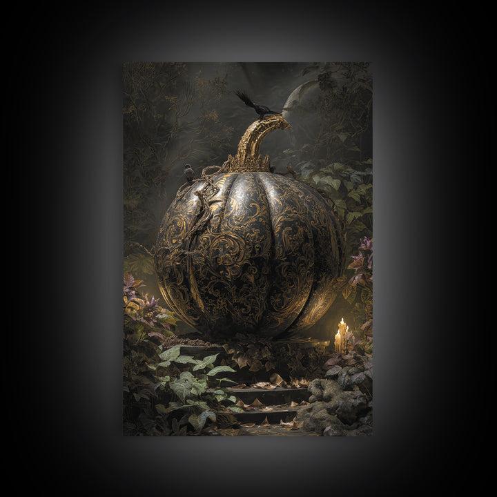 The Gold-Crowned Pumpkin Oracle - Procession Scene, Halloween Wall Art, Vertical Wall Art, Framed Canvas Print, Halloween Home Decor