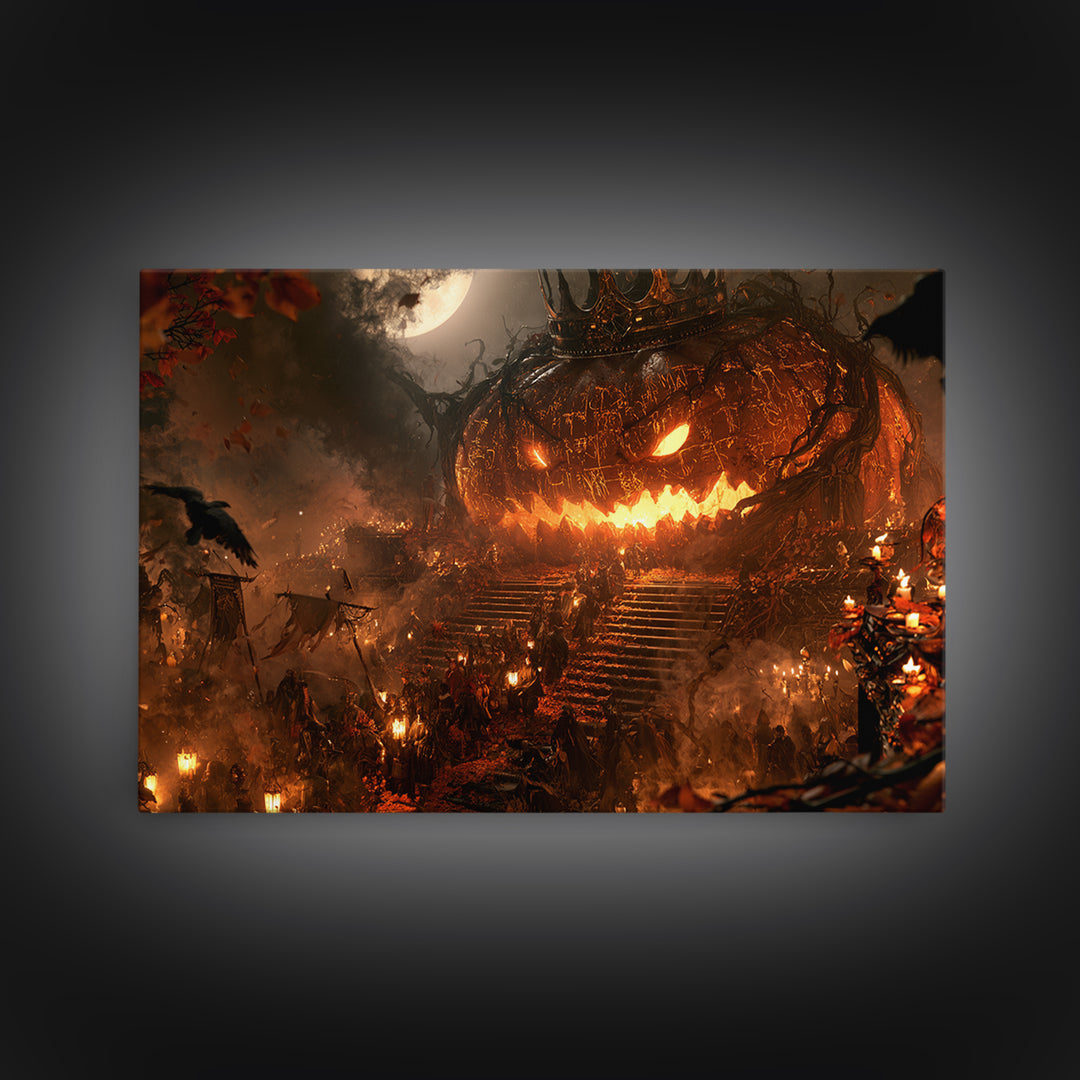 The Gold-Crowned Pumpkin Oracle - Procession Scene, Spooky Wall Decor, Landscape Wall Art, Framed Canvas Print, Halloween Home Decor