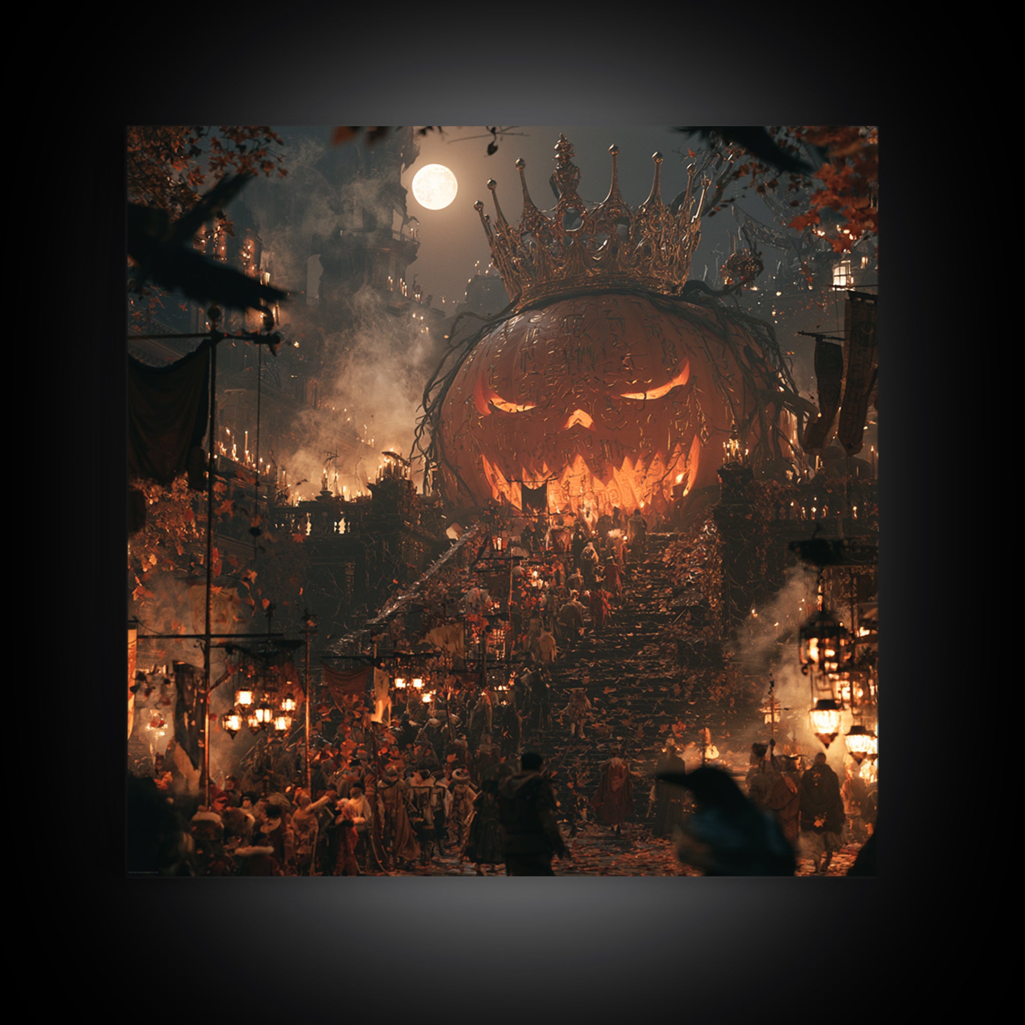 The Gold-Crowned Pumpkin Oracle - Procession Scene, Dark Fantasy Wall Art, Square Wall Art, Canvas Print, Halloween Home Decor