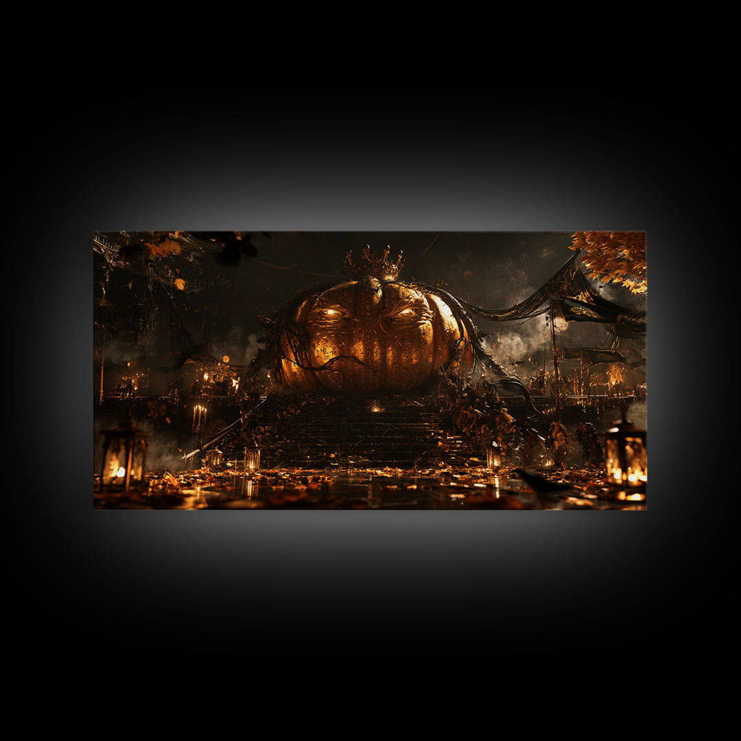 The Gold-Crowned Pumpkin Oracle - Procession Scene, Halloween Wall Art, Wide Panoramic Art, Framed Canvas Print, Halloween Home Decor