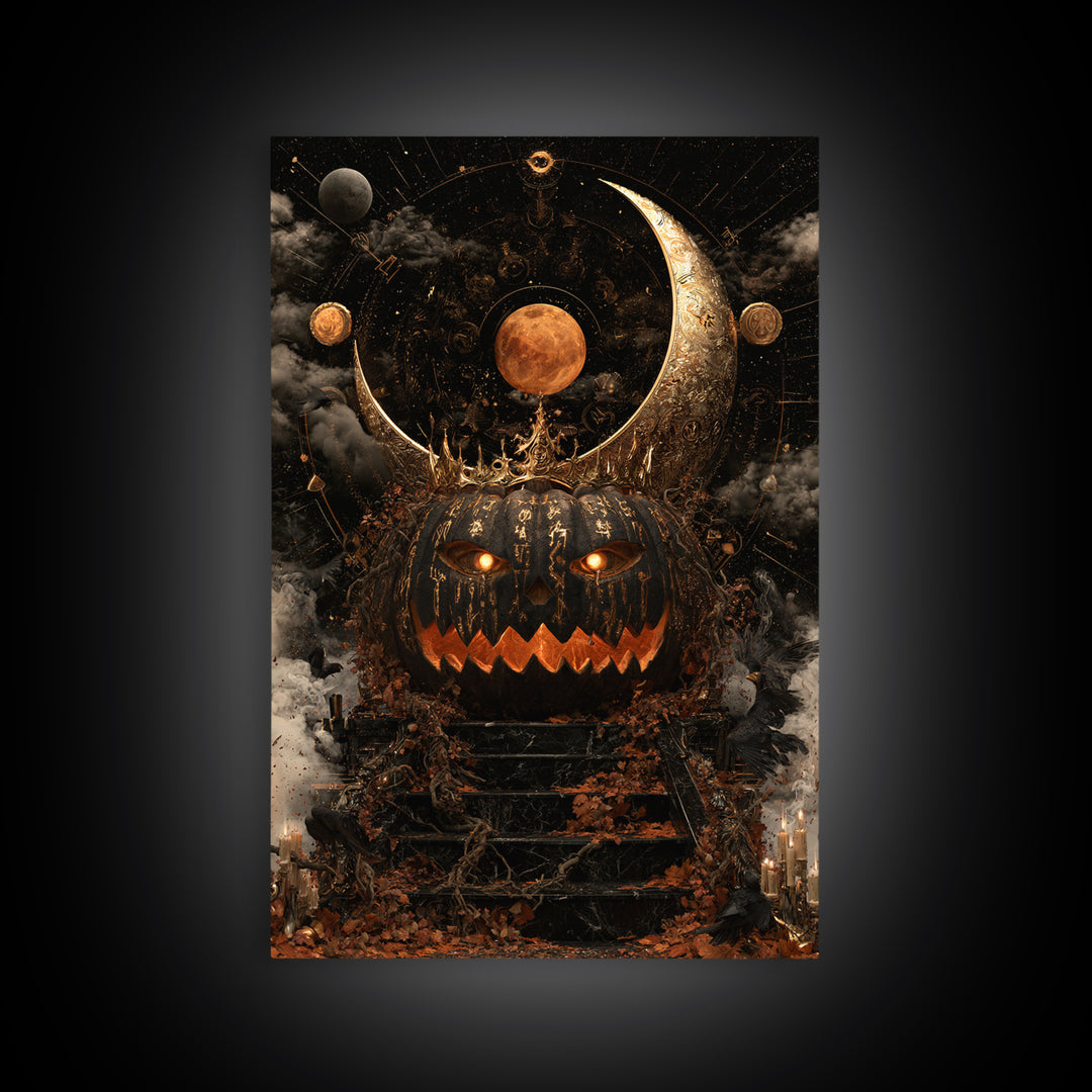 The Gold-Crowned Pumpkin Oracle - Surreal Celestial Vision, Spooky Wall Decor, Vertical Wall Art, Framed Canvas Print, Halloween Home Decor