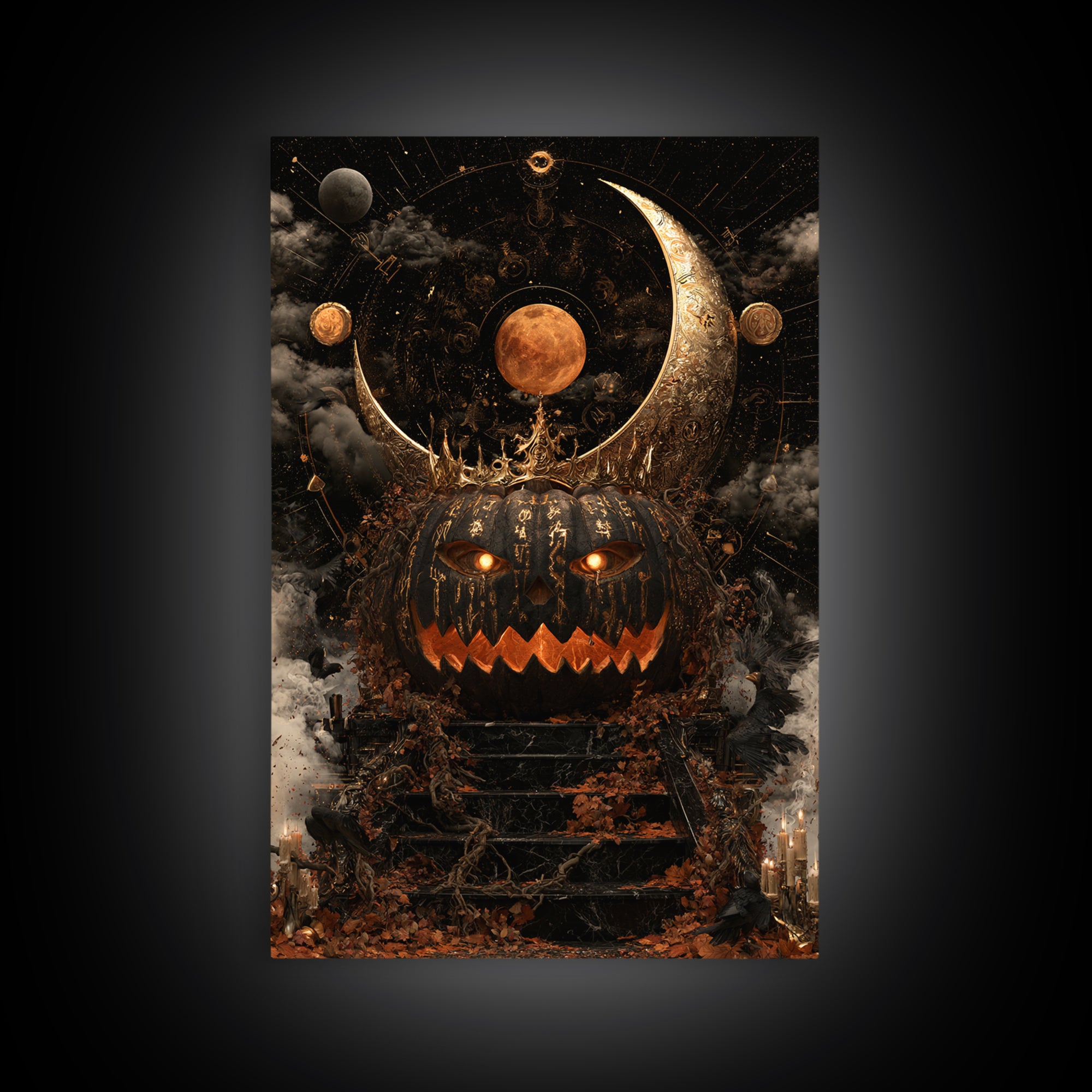 The Gold-Crowned Pumpkin Oracle - Surreal Celestial Vision, Spooky Wall Decor, Vertical Wall Art, Framed Canvas Print, Halloween Home Decor