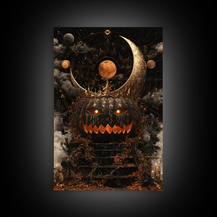 The Gold-Crowned Pumpkin Oracle - Surreal Celestial Vision, Spooky Wall Decor, Vertical Wall Art, Framed Canvas Print, Halloween Home Decor