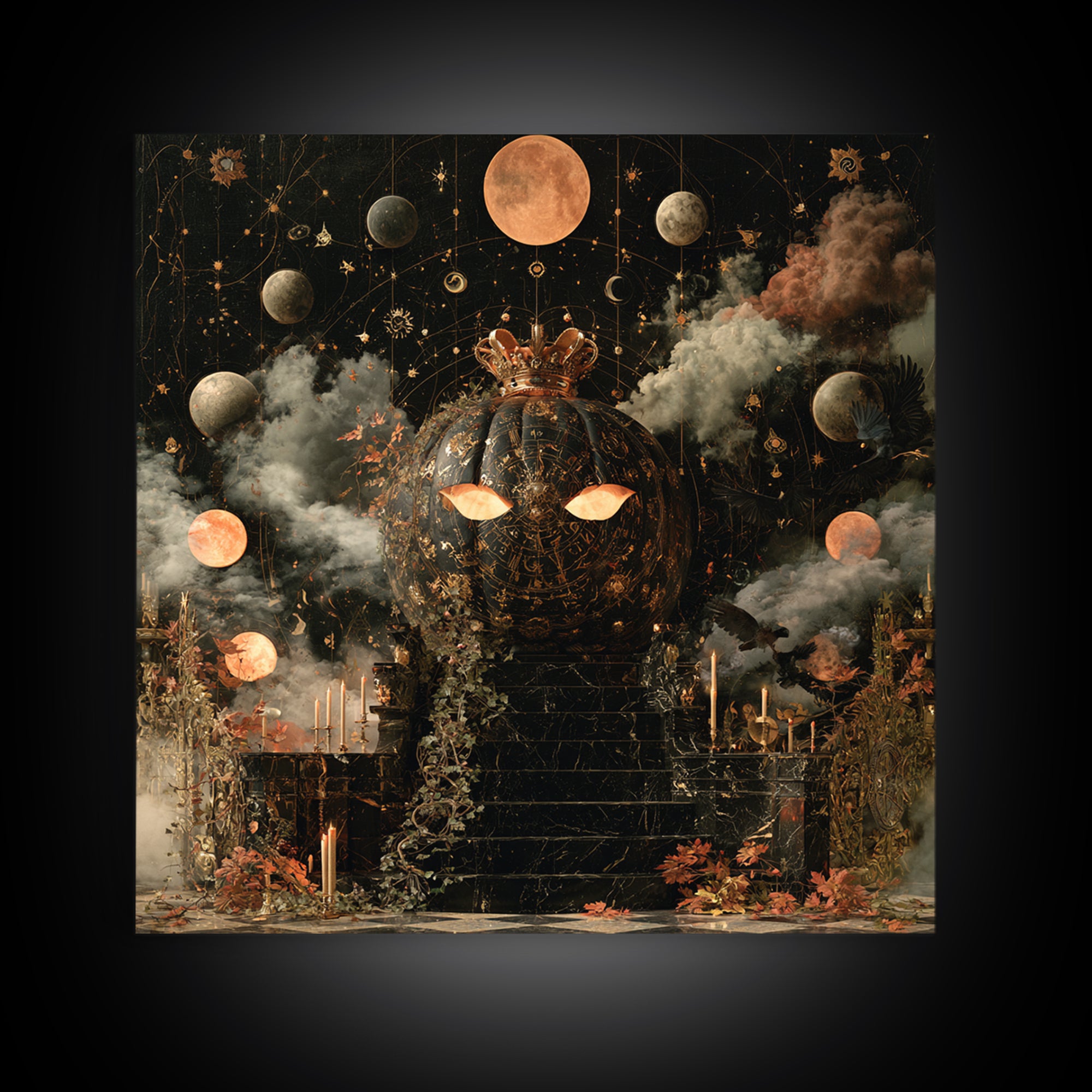 The Gold-Crowned Pumpkin Oracle - Surreal Celestial Vision, Gothic Home Decor, Square Wall Art, Canvas Print, Halloween Home Decor