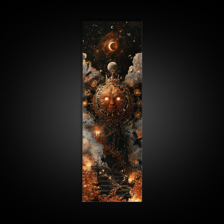 The Gold-Crowned Pumpkin Oracle - Surreal Celestial Vision, Gothic Home Decor, Tall Narrow Wall Art, Canvas Print, Halloween Home Decor