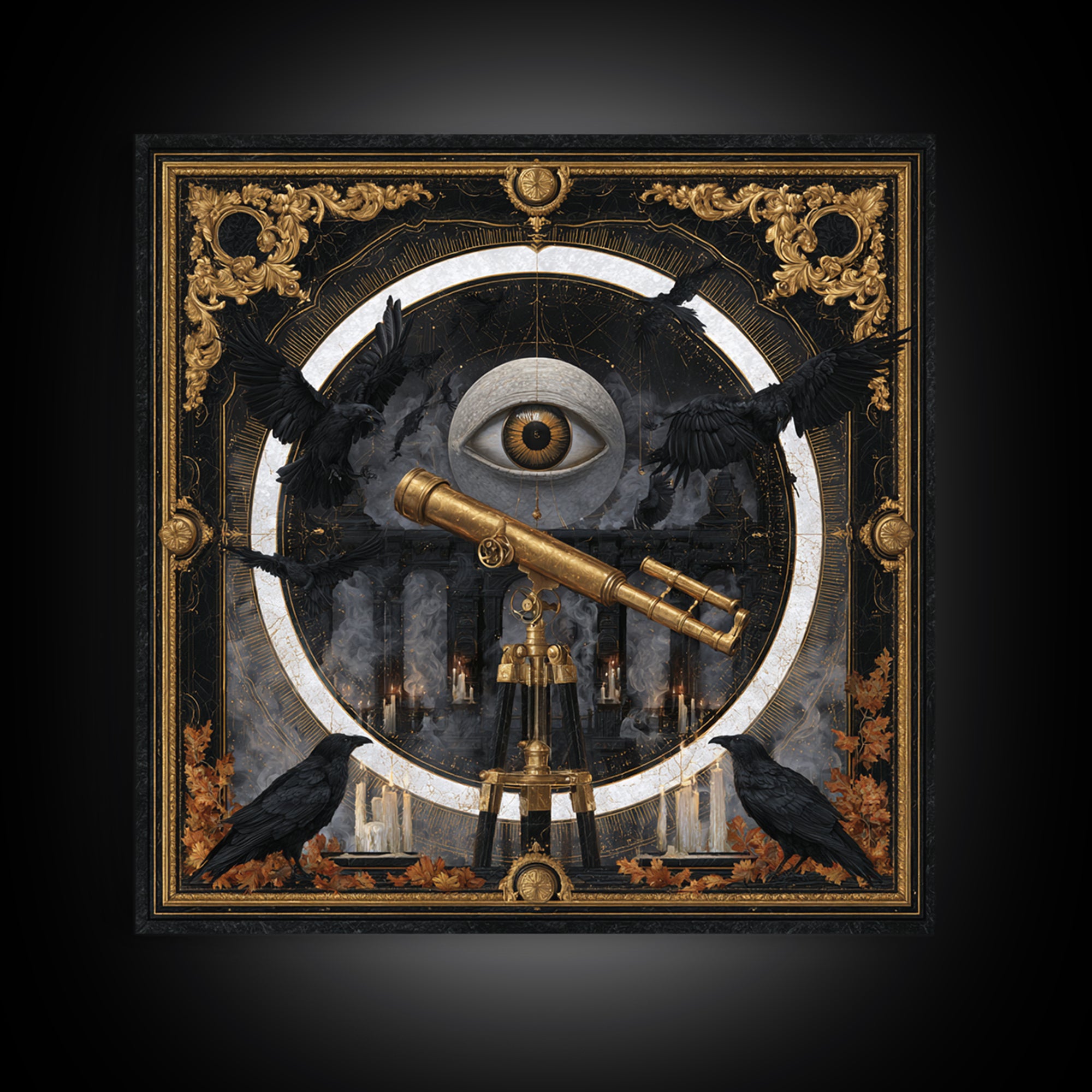 The Midnight Raven Observatory - Icon Portrait, Spooky Wall Decor, Square Wall Art, Framed Canvas Print, Halloween Home Decor