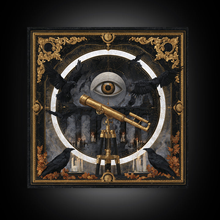 The Midnight Raven Observatory - Icon Portrait, Spooky Wall Decor, Square Wall Art, Framed Canvas Print, Halloween Home Decor