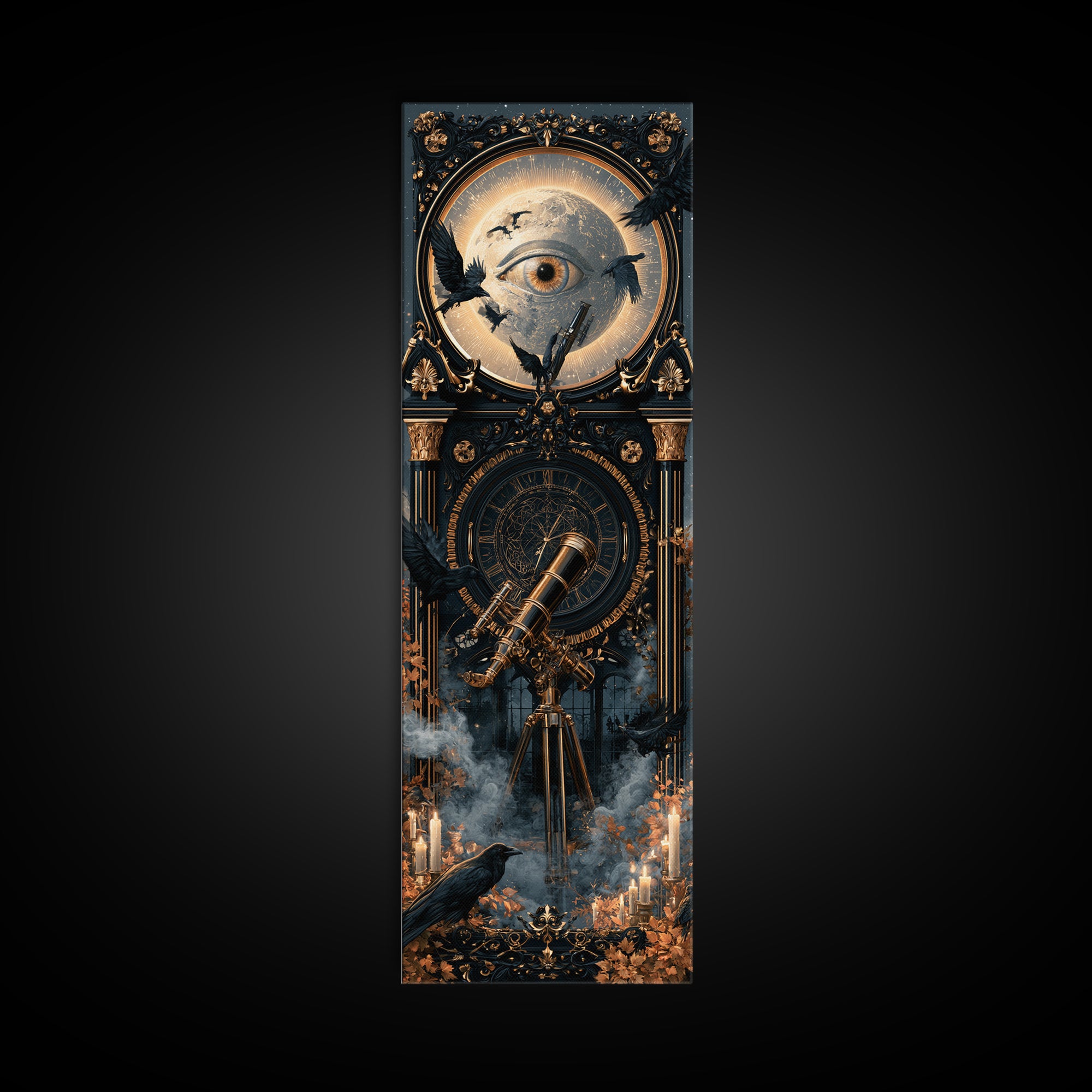The Midnight Raven Observatory - Icon Portrait, Macabre Halloween Art, Tall Narrow Wall Art, Framed Canvas Print, Halloween Home Decor