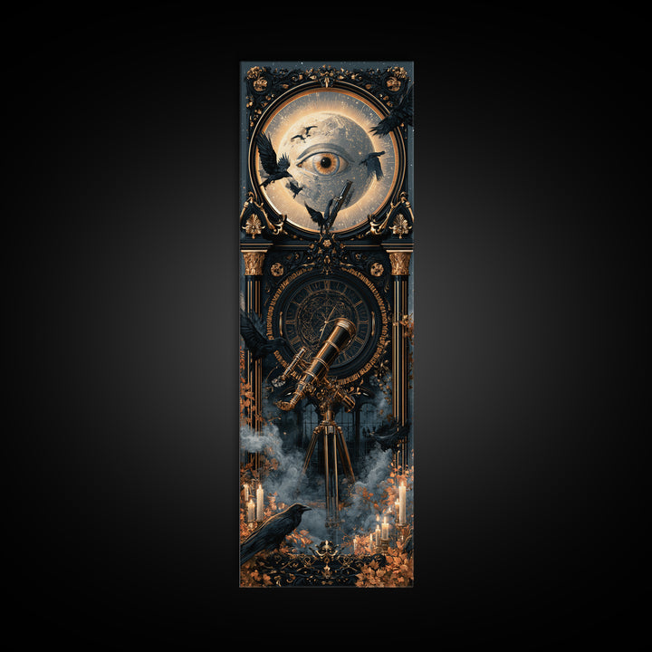 The Midnight Raven Observatory - Icon Portrait, Macabre Halloween Art, Tall Narrow Wall Art, Framed Canvas Print, Halloween Home Decor