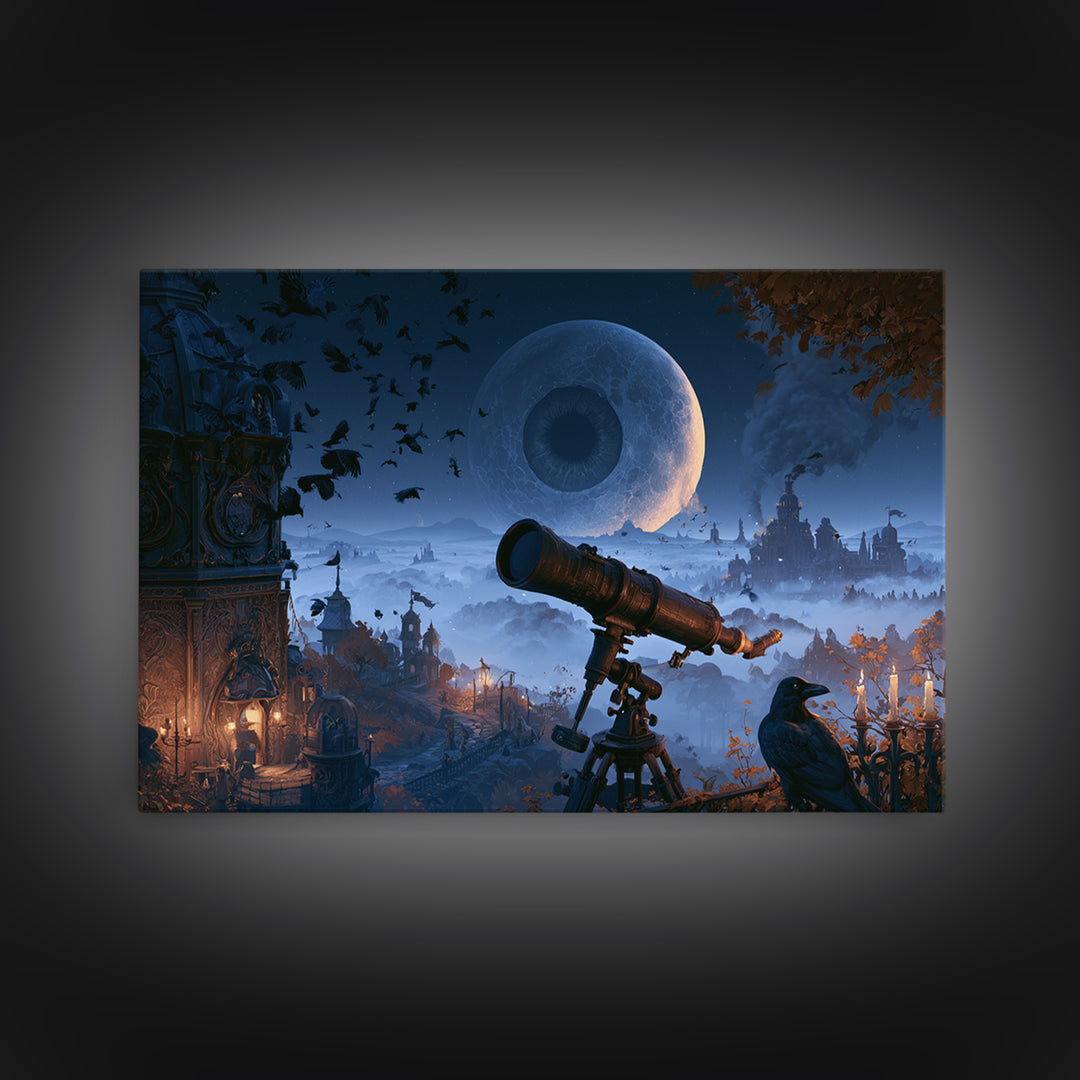The Midnight Raven Observatory - Environmental Panorama, Halloween Wall Art, Landscape Wall Art, Framed Canvas Print, Halloween Home Decor