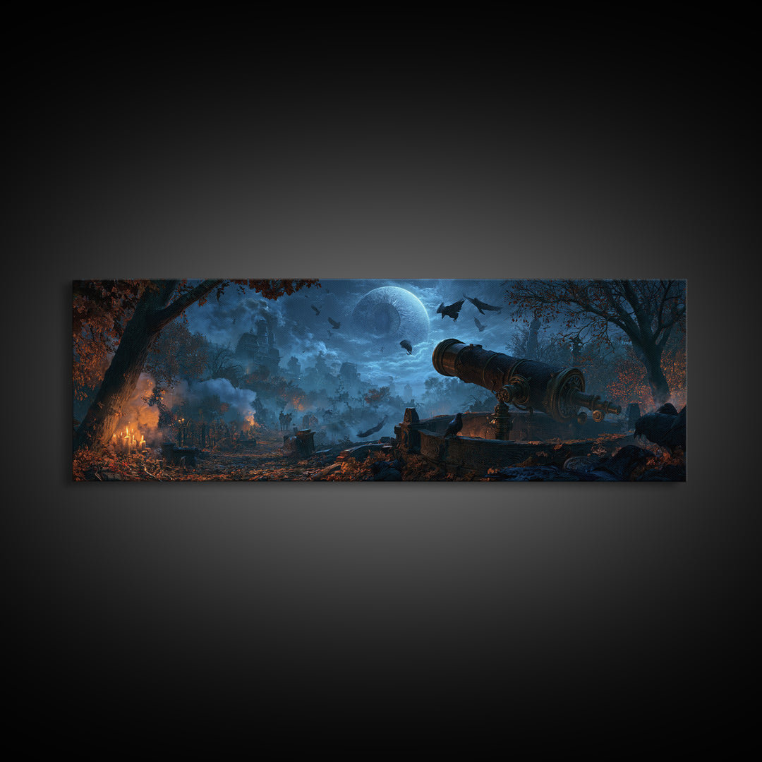 The Midnight Raven Observatory - Environmental Panorama, Gothic Home Decor, Extra Wide Wall Art, Canvas Print, Halloween Home Decor