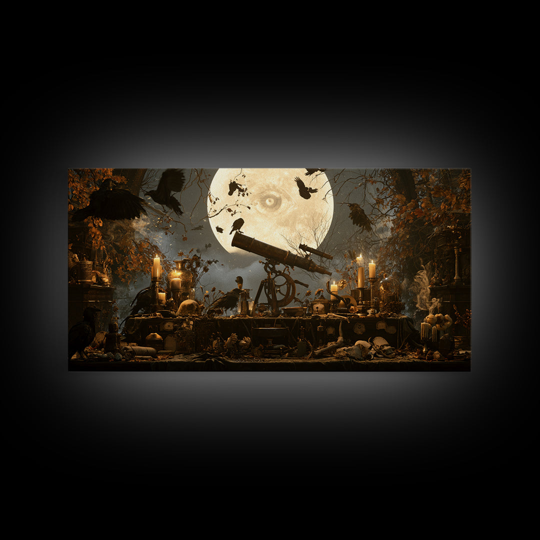 The Midnight Raven Observatory - Occult Still Life, Gothic Home Decor, Wide Panoramic Art, Canvas Print, Halloween Home Decor