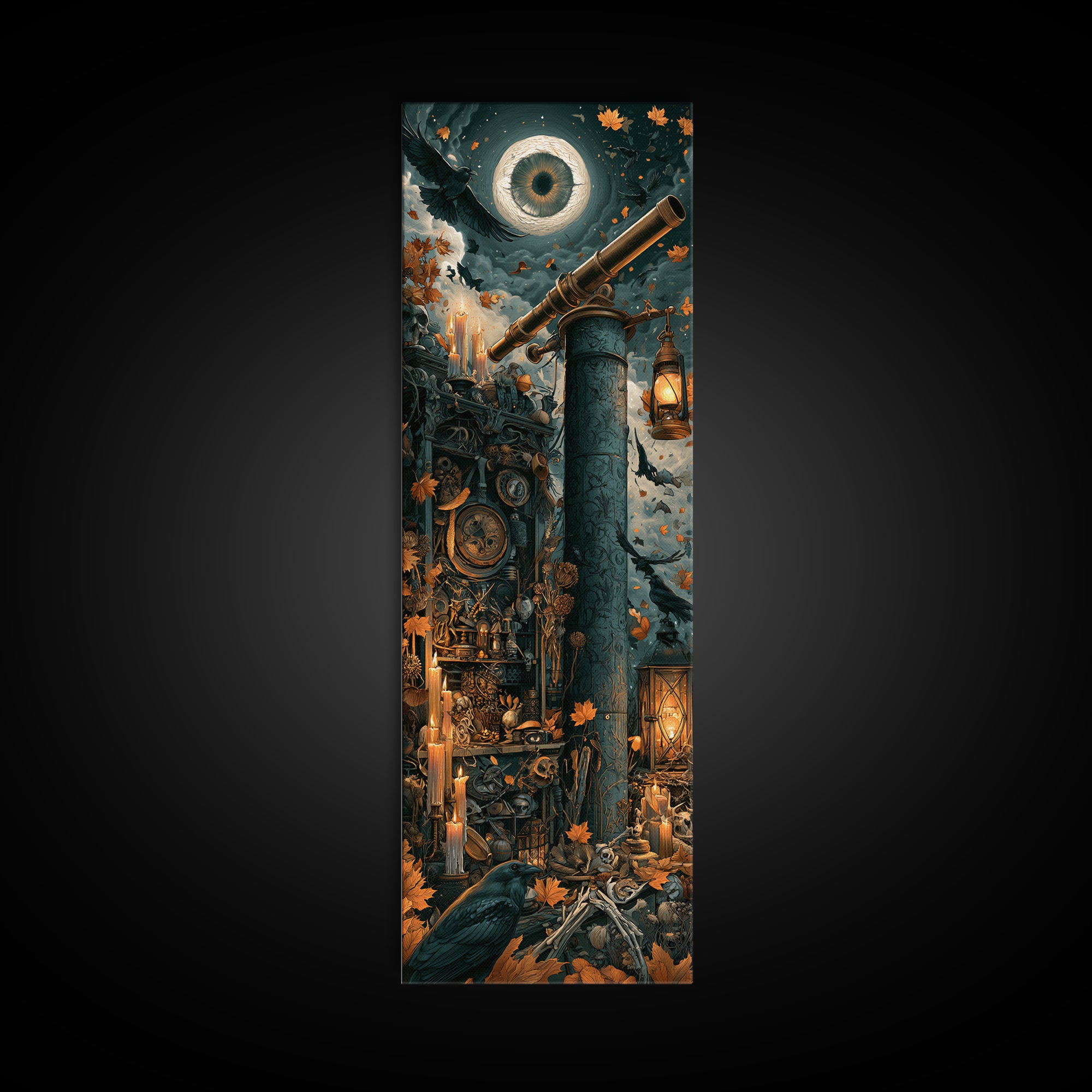The Midnight Raven Observatory - Occult Still Life, Spooky Wall Decor, Tall Narrow Wall Art, Framed Canvas Print, Halloween Home Decor
