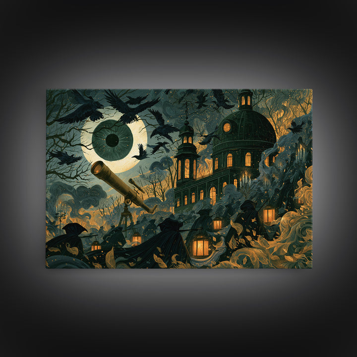 The Midnight Raven Observatory - Procession Scene, Halloween Wall Art, Landscape Wall Art, Framed Canvas Print, Halloween Home Decor