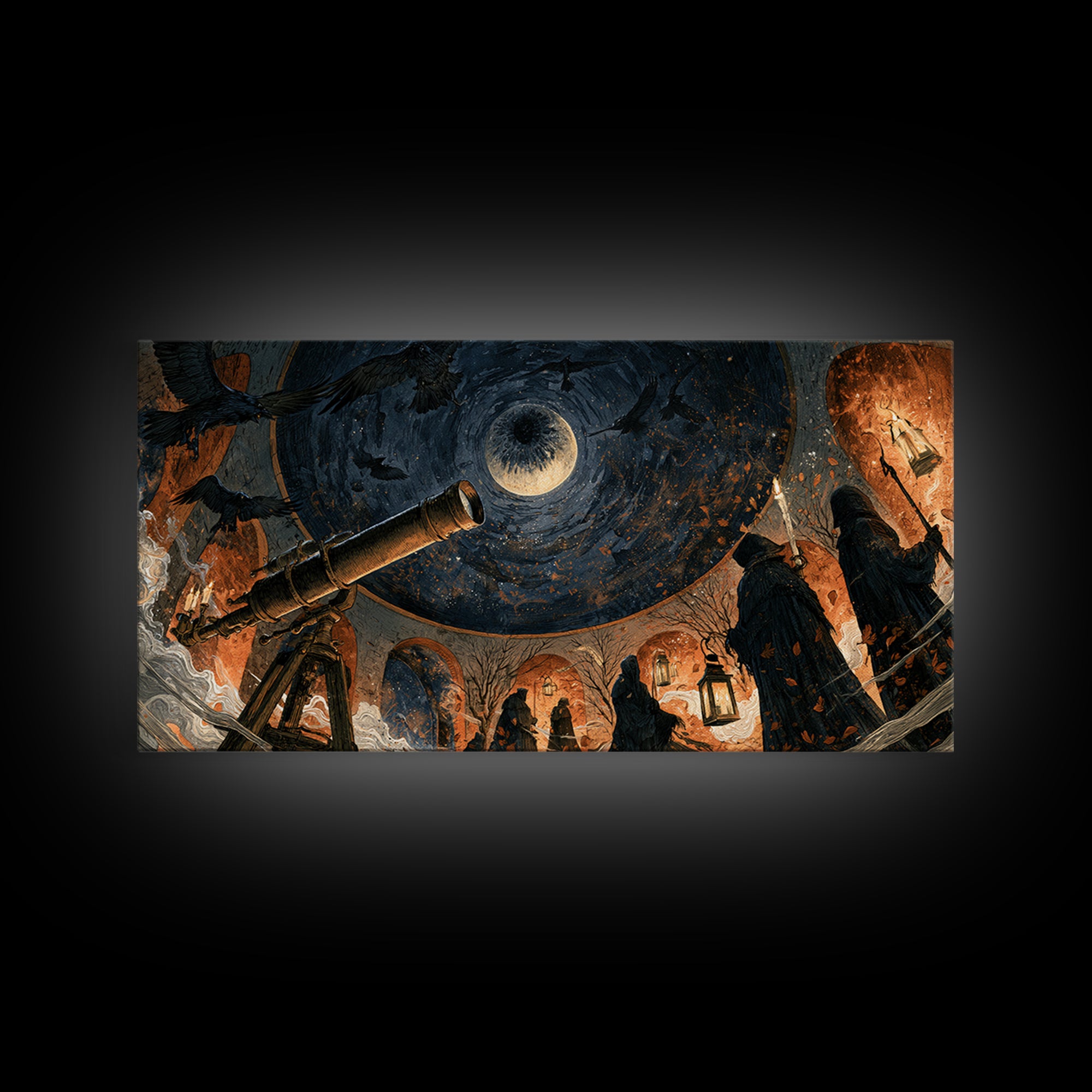 The Midnight Raven Observatory - Procession Scene, Spooky Wall Decor, Wide Panoramic Art, Framed Canvas Print, Halloween Home Decor
