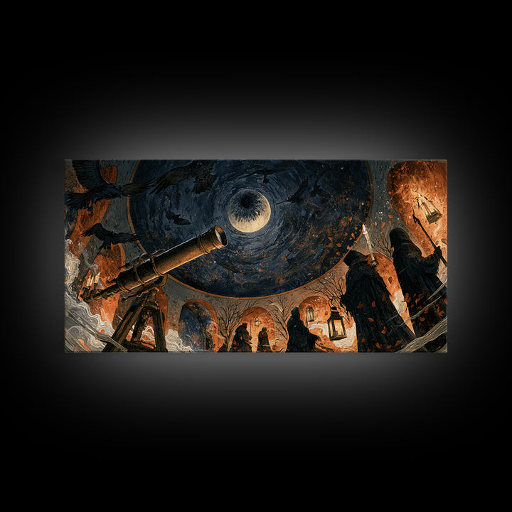 The Midnight Raven Observatory - Procession Scene, Spooky Wall Decor, Wide Panoramic Art, Framed Canvas Print, Halloween Home Decor