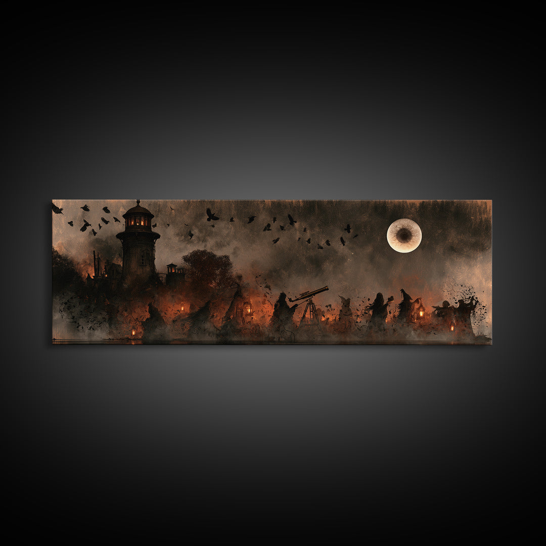 The Midnight Raven Observatory - Procession Scene, Macabre Halloween Art, Extra Wide Wall Art, Framed Canvas Print, Halloween Home Decor