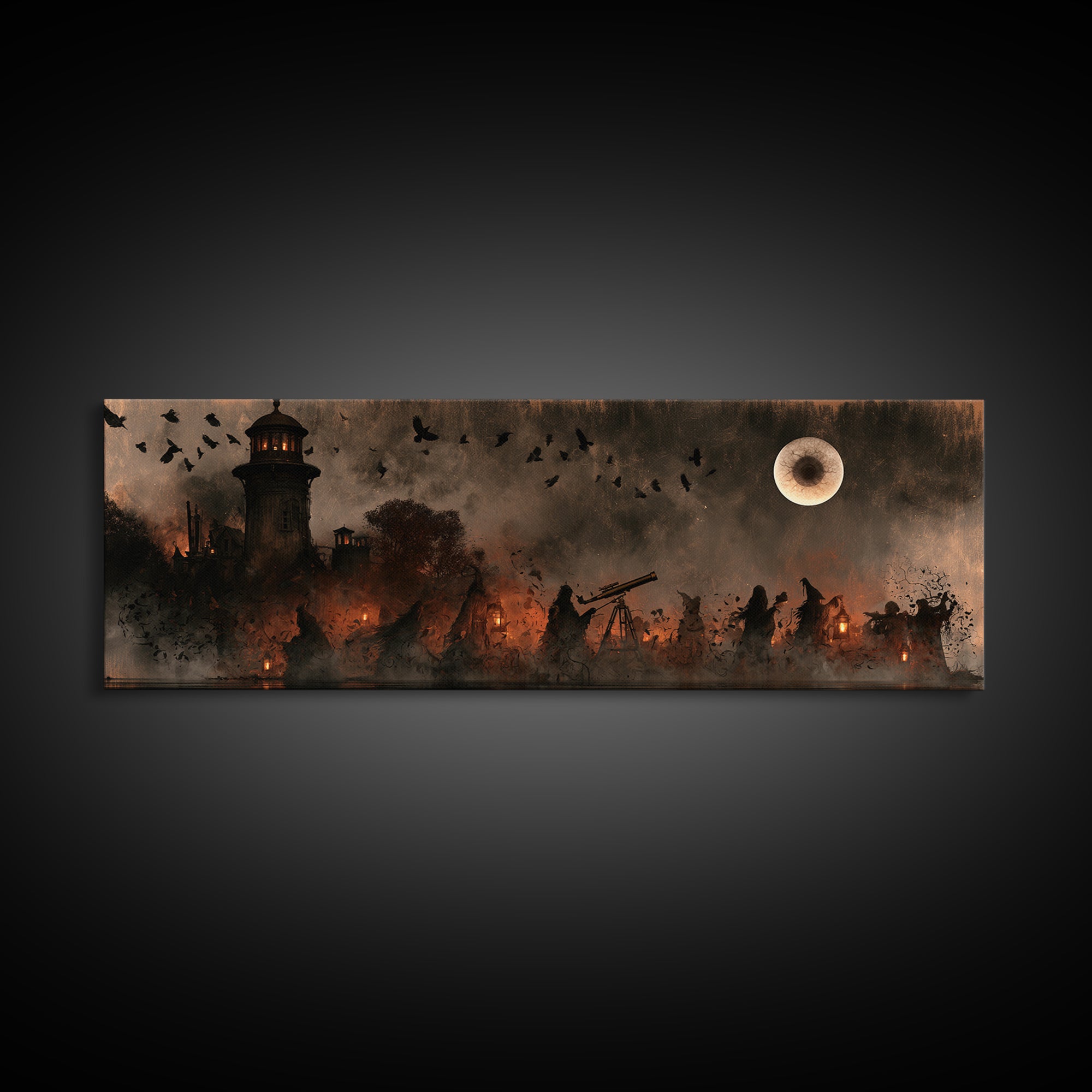 The Midnight Raven Observatory - Procession Scene, Macabre Halloween Art, Extra Wide Wall Art, Framed Canvas Print, Halloween Home Decor