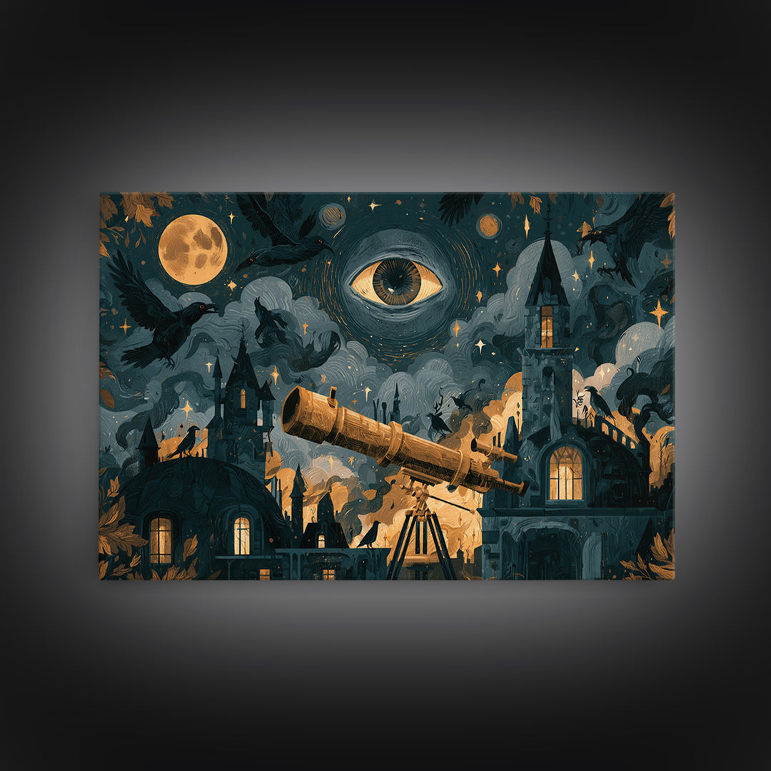 The Midnight Raven Observatory - Surreal Celestial Vision, Dark Fantasy Wall Art, Landscape Wall Art, Canvas Print, Halloween Home Decor
