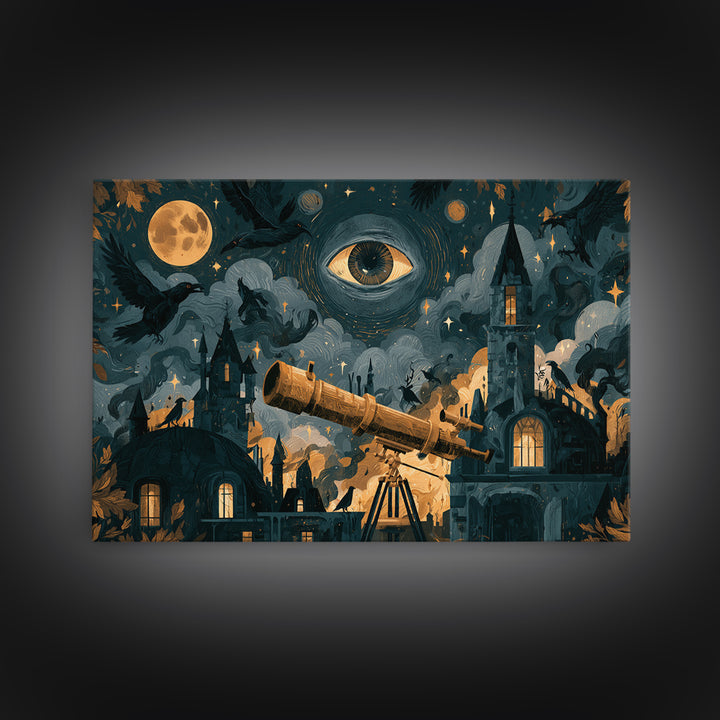 The Midnight Raven Observatory - Surreal Celestial Vision, Dark Fantasy Wall Art, Landscape Wall Art, Canvas Print, Halloween Home Decor