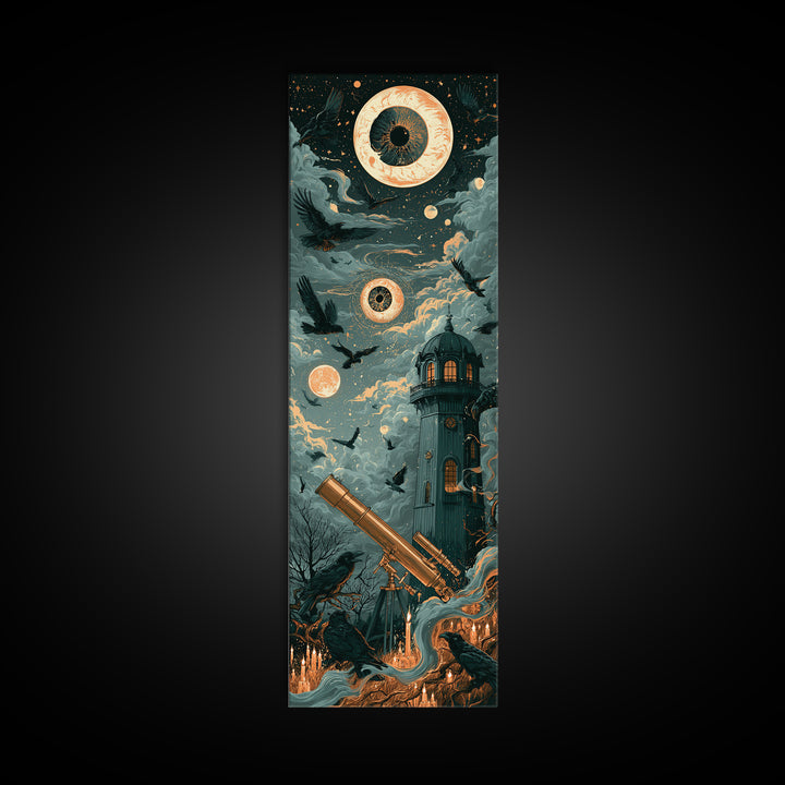 The Midnight Raven Observatory - Surreal Celestial Vision, Halloween Wall Art, Tall Narrow Wall Art, Framed Canvas Print, Gothic Wall Art