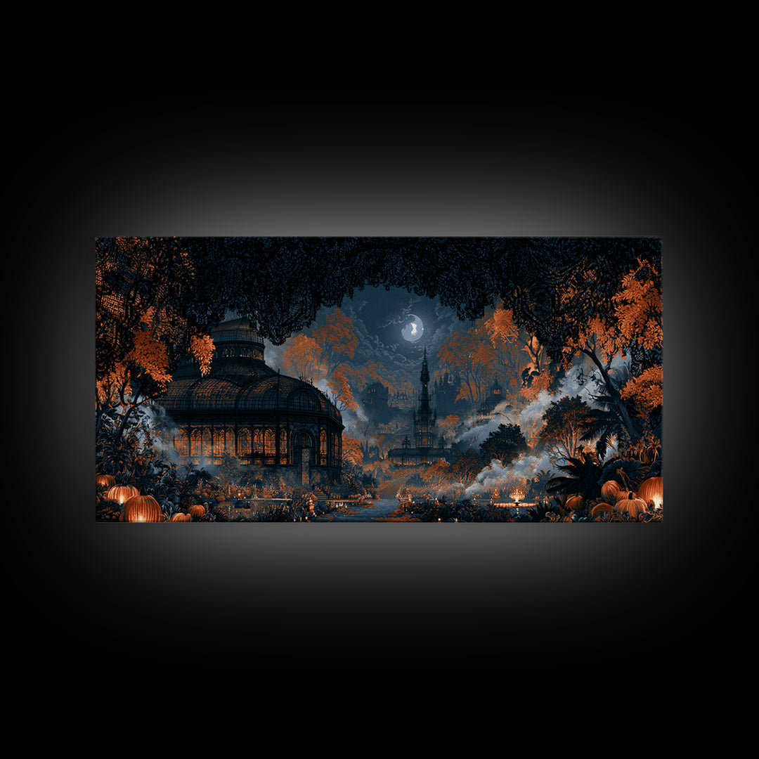 The Black Lace Haunted Conservatory - Environmental Panorama, Halloween Wall Art, Wide Panoramic Art, Framed Canvas Print, Gothic Wall Art