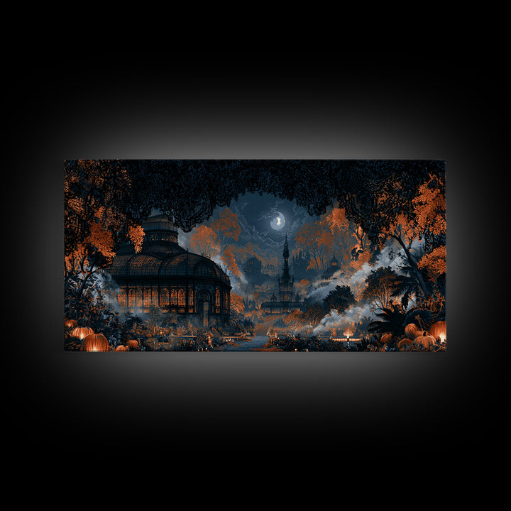 The Black Lace Haunted Conservatory - Environmental Panorama, Halloween Wall Art, Wide Panoramic Art, Framed Canvas Print, Gothic Wall Art