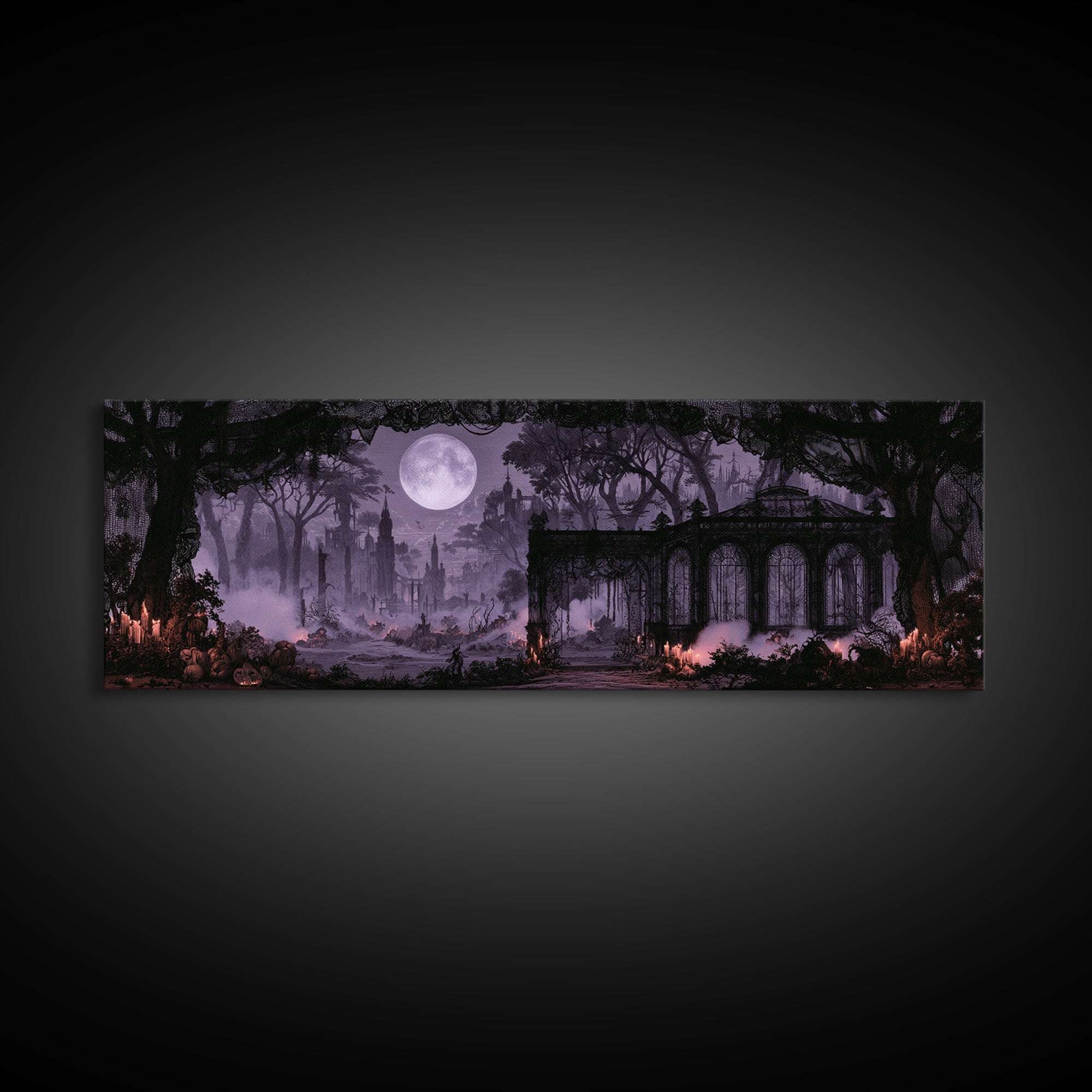 The Black Lace Haunted Conservatory - Environmental Panorama, Halloween Wall Art, Extra Wide Wall Art, Framed Canvas Print, Gothic Wall Art