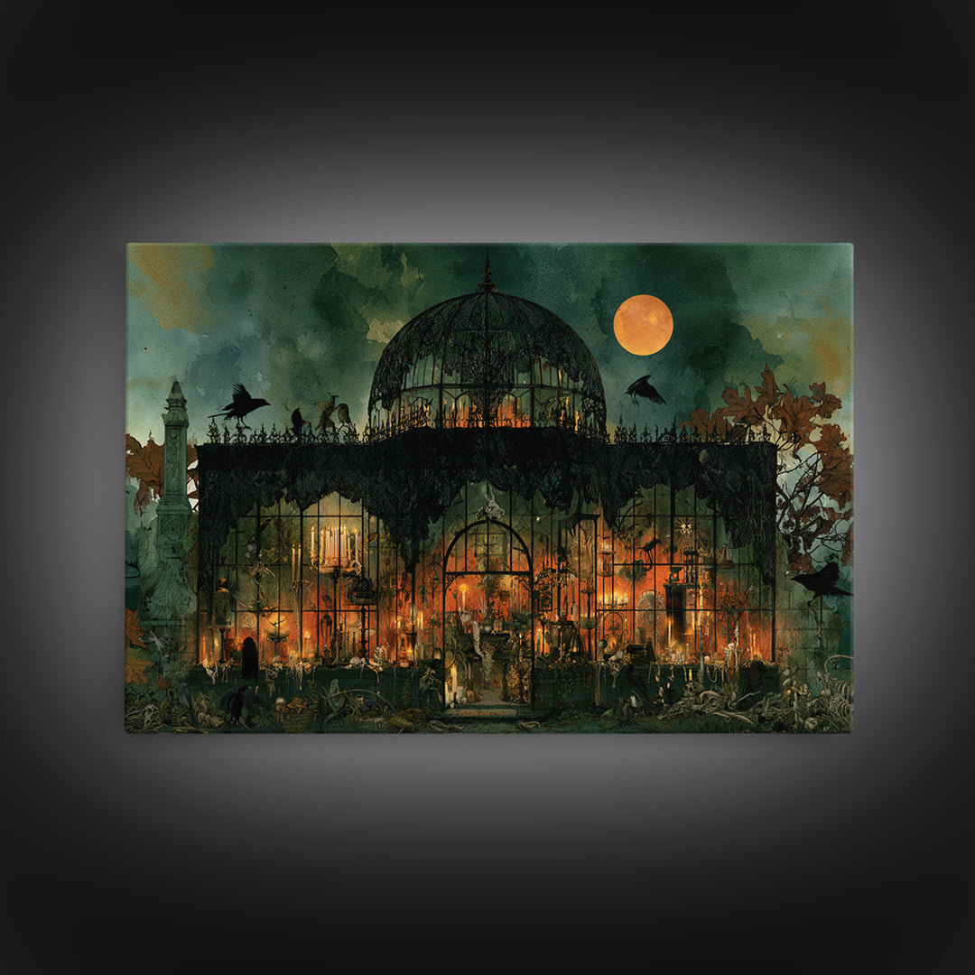The Black Lace Haunted Conservatory - Occult Still Life, Macabre Halloween Art, Landscape Wall Art, Framed Canvas Print, Gothic Wall Art