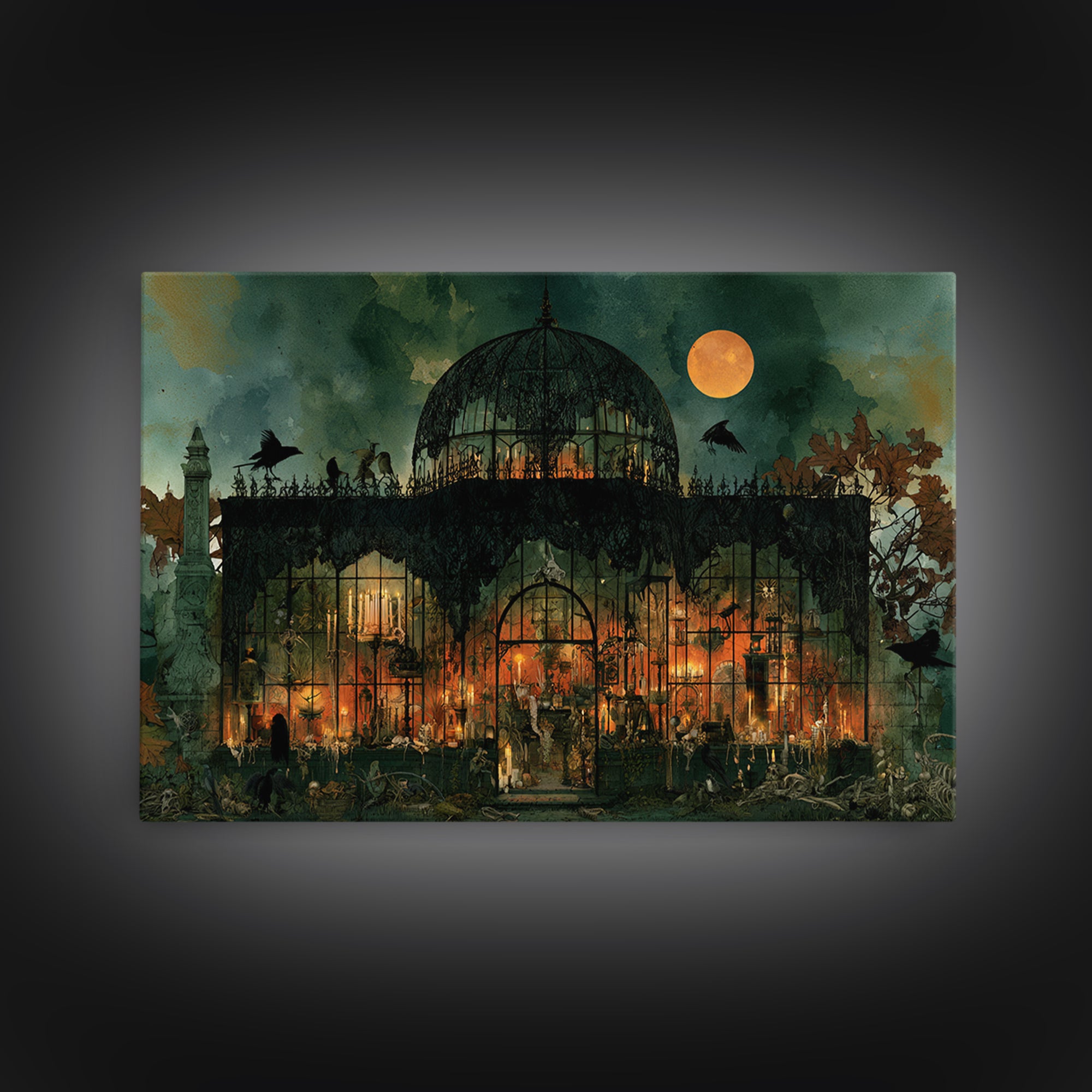 The Black Lace Haunted Conservatory - Occult Still Life, Macabre Halloween Art, Landscape Wall Art, Framed Canvas Print, Gothic Wall Art