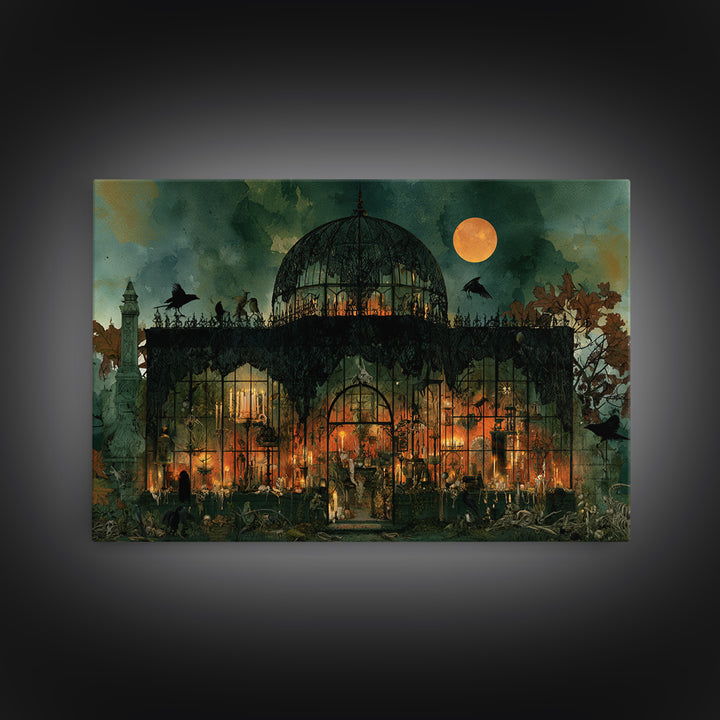 The Black Lace Haunted Conservatory - Occult Still Life, Macabre Halloween Art, Landscape Wall Art, Framed Canvas Print, Gothic Wall Art