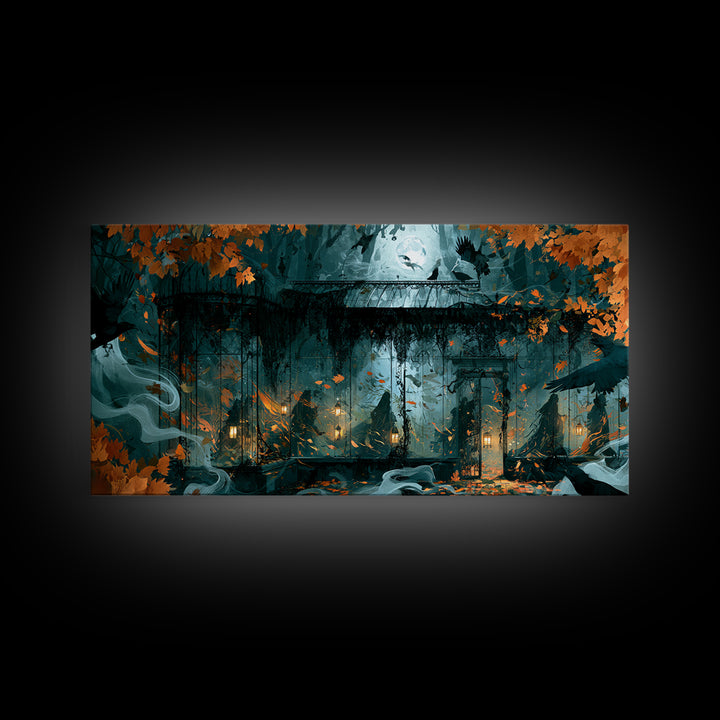 The Black Lace Haunted Conservatory - Procession Scene, Macabre Halloween Art, Wide Panoramic Art, Framed Canvas Print, Halloween Home Decor